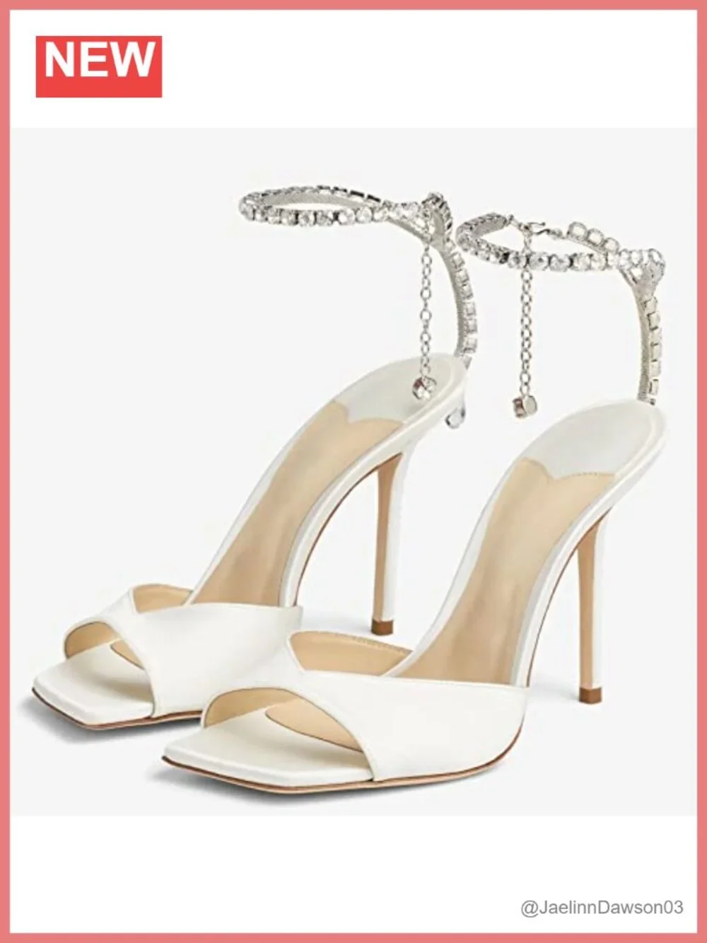 Women's Satin Heeled Sandals with Crystal Chain Ankle Strap Stiletto Square